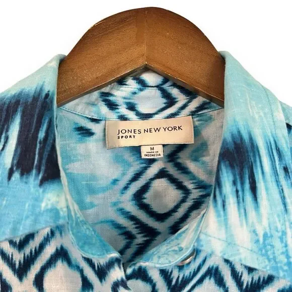 Jones New York 100% Linen Button Up Shirt M Blue Ikat 3/4 Sleeve Coastal Boho - Picture 2 of 7
